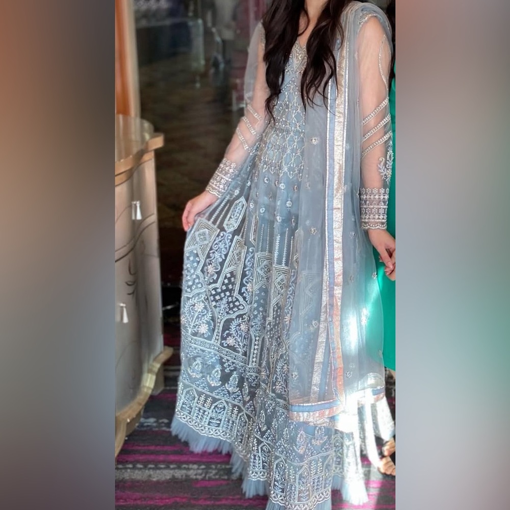 Elegant Embroidered Sheer Lengha 3 piece (top, pants, scarf)